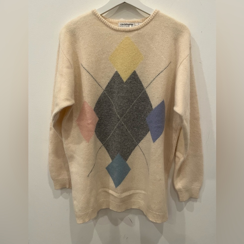Liz Claiborne Geometric argyle Patterned Cream Sweater sz L w/flaw